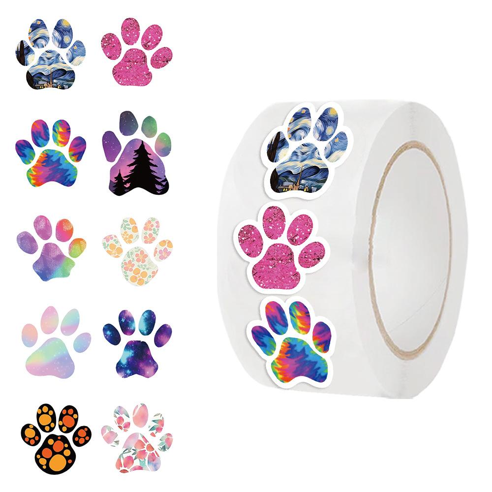 500 Pictures/roll Roll Sticker Hot-selling Tape Cartoon Dog Paw Print Handbook Material Envelope Sticker DIY Waterproof