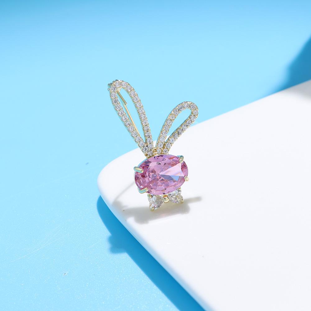 New Cubic Zirconia Pink Rabbit Brooches For Women Cute Animal Pin Copper Material Suit Dress Accessories
