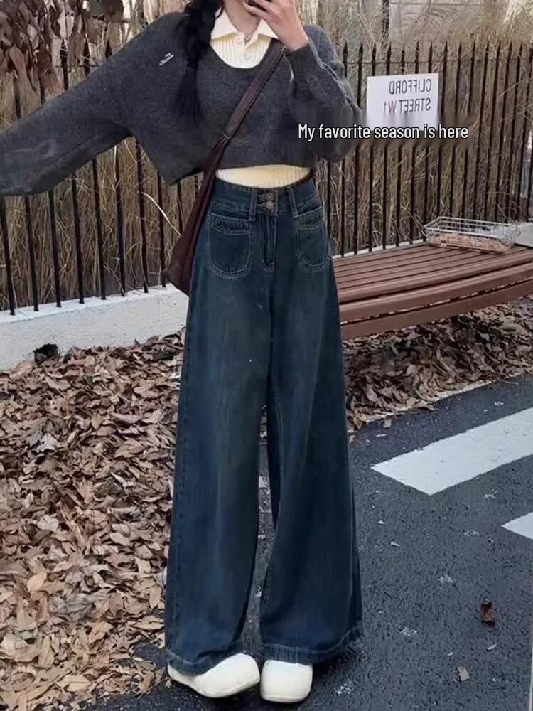 American Retro High-Waist Plush Jeans for Women - Slimming Wide-Leg, Straight-Leg, 2025 Spring/Winter Collection L
