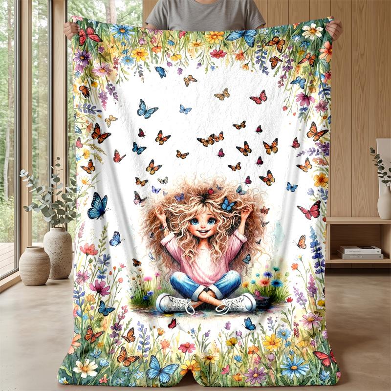 Butterfly Flower Art Collage blanket Personalized Name Flannel Blanket Soft Cozy Plush Throw for Sofa Bed Lightweight Home Decor