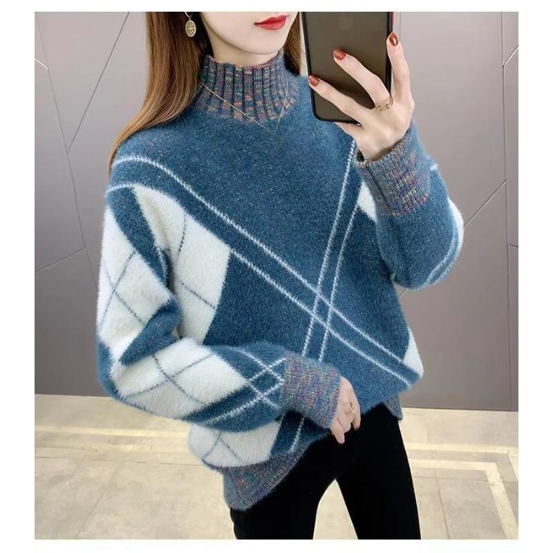 Half Height Collar Mink Fur Thick Sweater Women Winter Knitt Pullover Loose Korean Version Sweater Bottoming Shirt