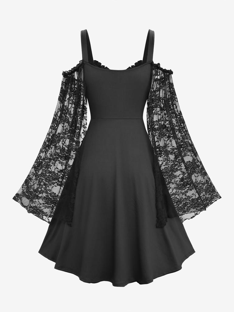Rosegal Plus Size Ruched Heart Buckle Ruffles Cold Shoulder Floral Lace Flare Sleeves Dress