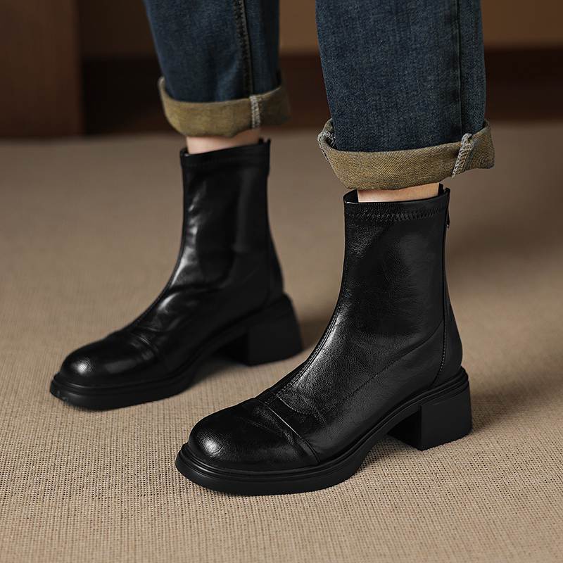 Krazing Pot Microfiber Round Toe Chunky Heels Motorcycle Boots Size 42 Zip Women Pleated Decoration Platform Ankle Boots