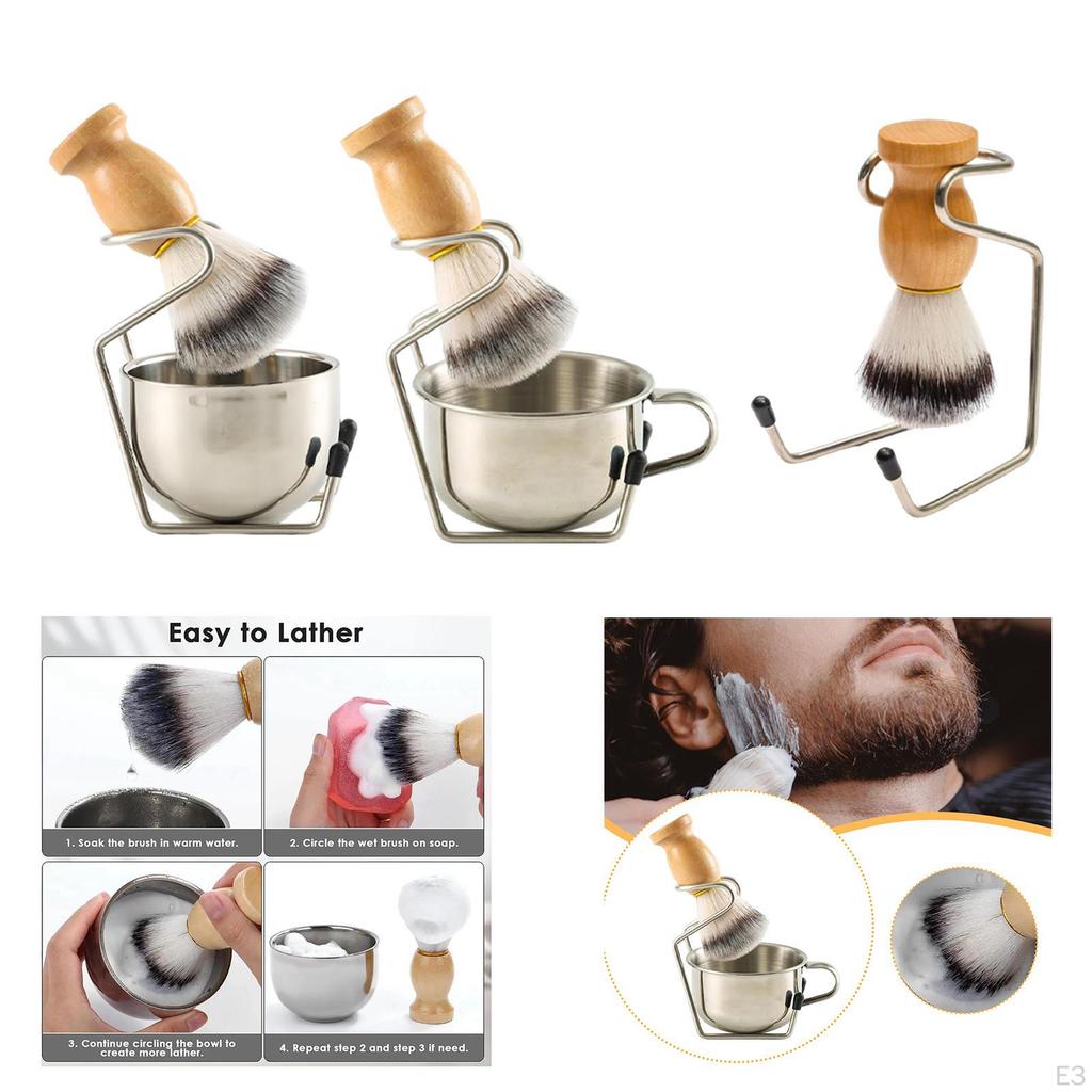 Men Shaving Brush Shave Cup with Stand 3 In 1 Kit Accessories Portable for Dad, Husband Stainless
