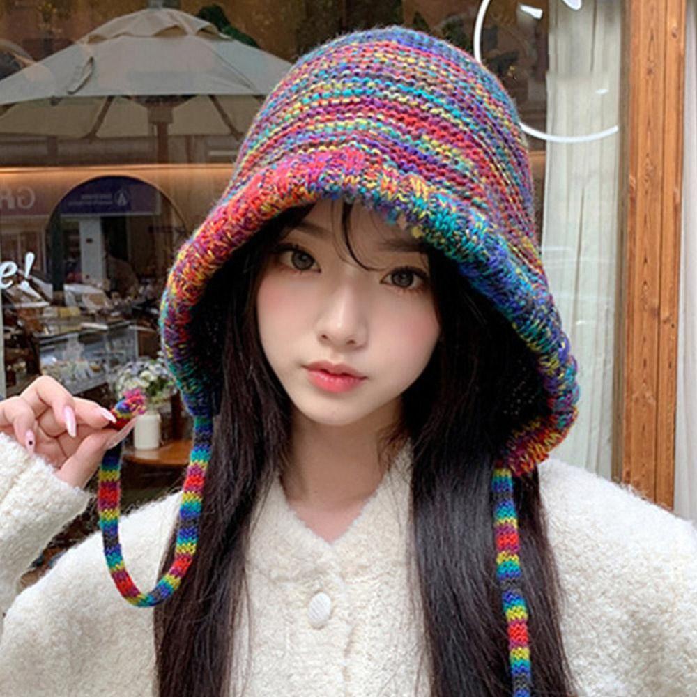 Gradient Wool Crochet Cap Rainbow Striped Winter Bucket Hat Thick Warm Ear Cap  For Women