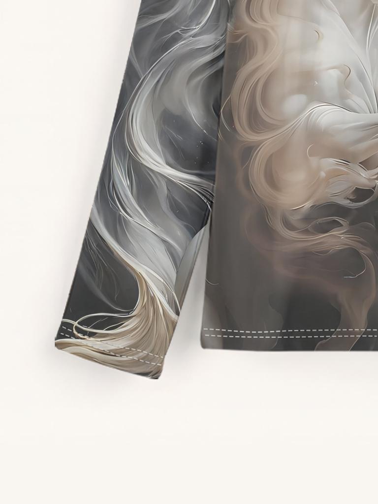 Men's long-sleeved polyester T-shirt with a unique black and white double horse moonlight pattern design.