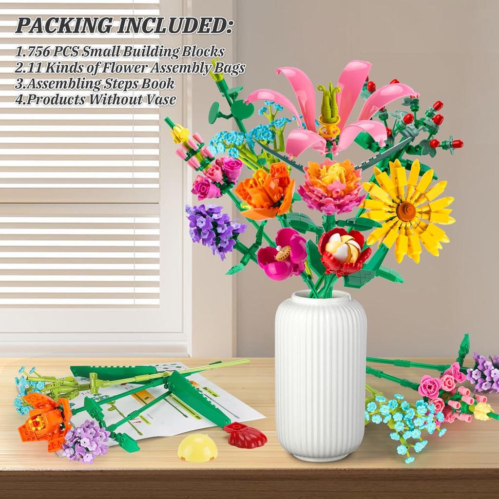 756 PCS Flower Bouquet Building Sets - 11 Kinds of Building Block Flowers, Botanical Collection Crafts Set for Home Office Decoration, Valentines Day