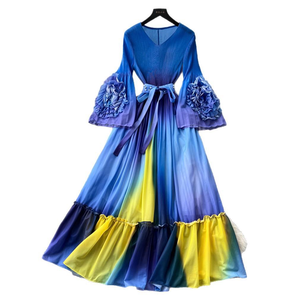 Holiday style purple flower print dress women's spring long-sleeved high-waisted A-shaped skirt waist lotus leaf edge long dress
