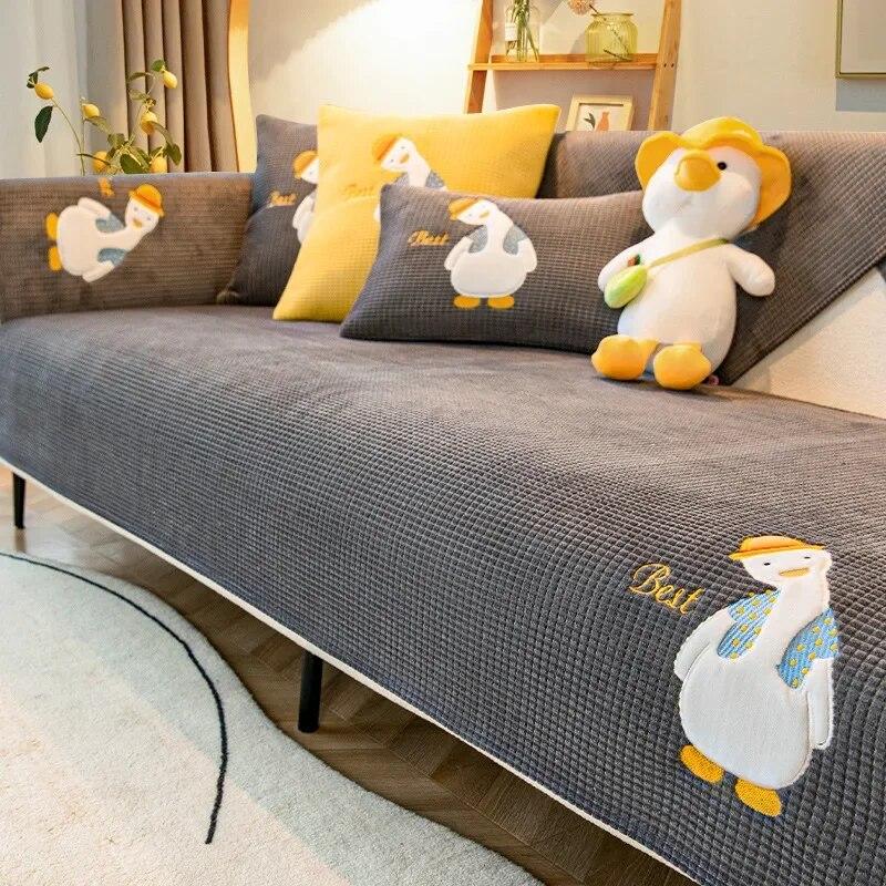Luxury Cartoon Duck Sofa Cover for Living Room Non-Slip Solid Thick Soft Sofa Cushion Mat Corn Plush Sofa Towel Home Couch Decor