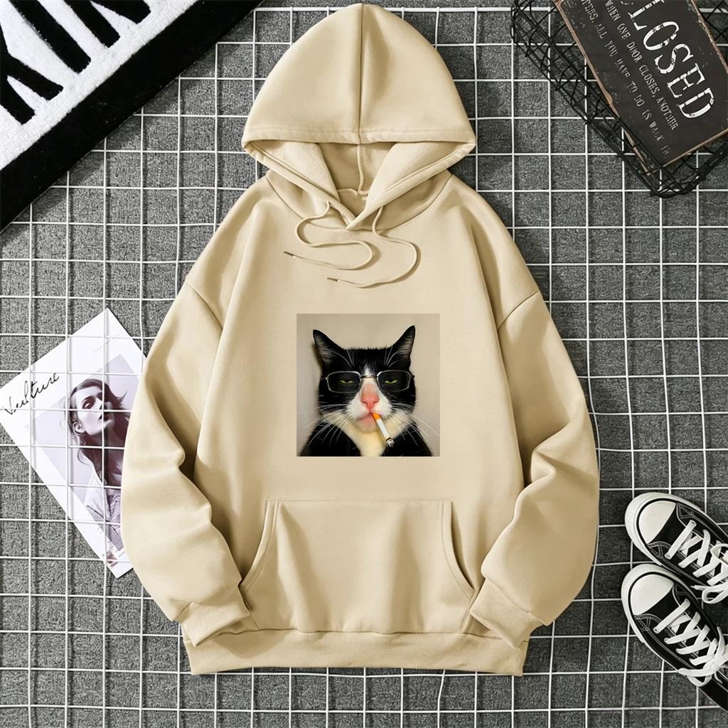 Aesthetic Meme Cool Tuxedo Cat Graphic Front Print Hoodie Loose Oversized Casual Pink Streetwear Sweatshirt For Men Women