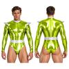 Men Halloween Alien Costume Metallic Bodysuit Color Block Mock Neck Long Sleeve Back Zip Leotard for Cosplay Stage Show