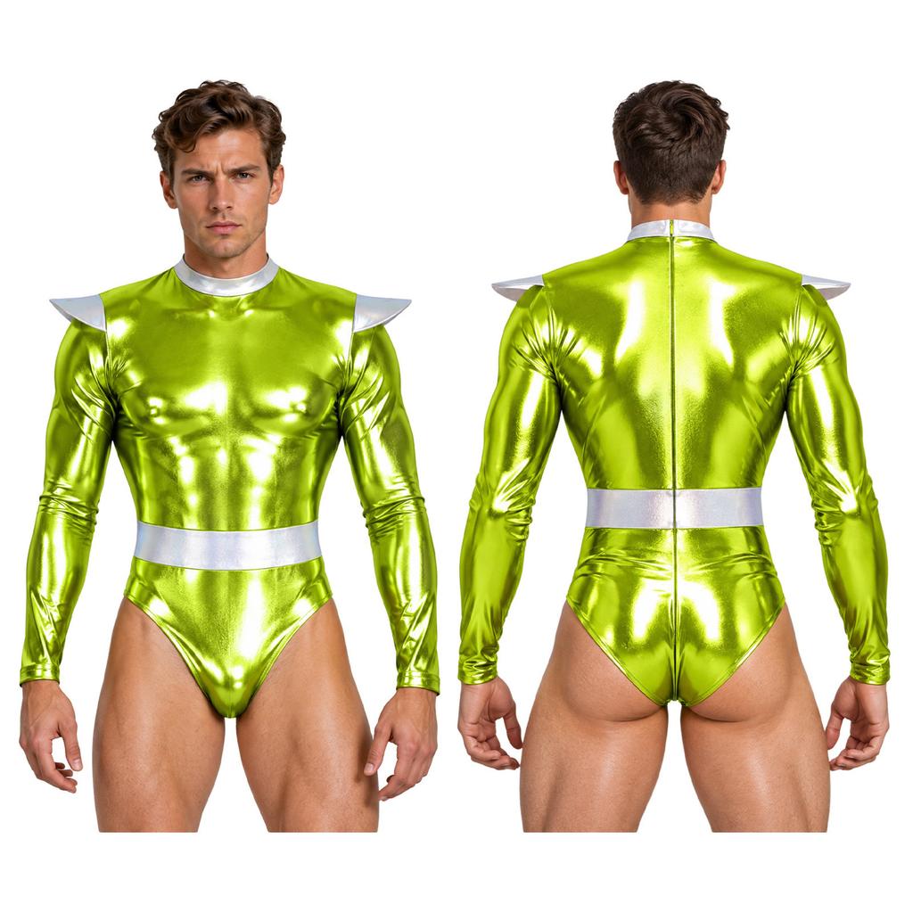 Men Halloween Alien Costume Metallic Bodysuit Color Block Mock Neck Long Sleeve Back Zip Leotard for Cosplay Stage Show