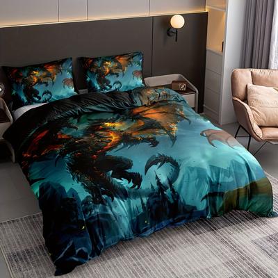 Parure de lit tendance avec housse de couette et imprimé dragon volant, housse de couette en microfibre lavable et douce pour chambre à coucher