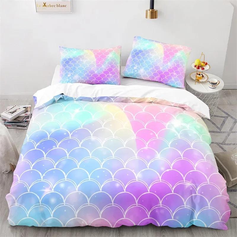Buntes Fischschuppen Bettwäsche Set Twin King Für Kinder Mädchen Blau Rosa Meerjungfrau Hautoberfläche Druck Bettbezug Polyester Steppdecke