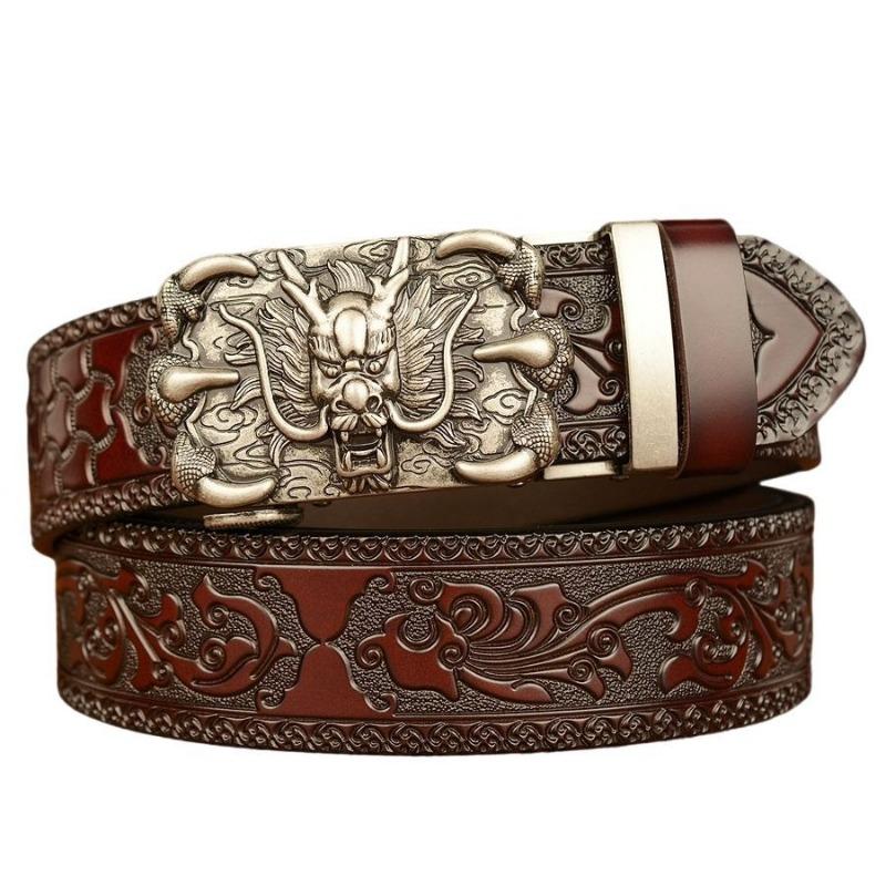 Domineering Tang grass pattern engraved men's automatic imitation copper buckle belt, personalized