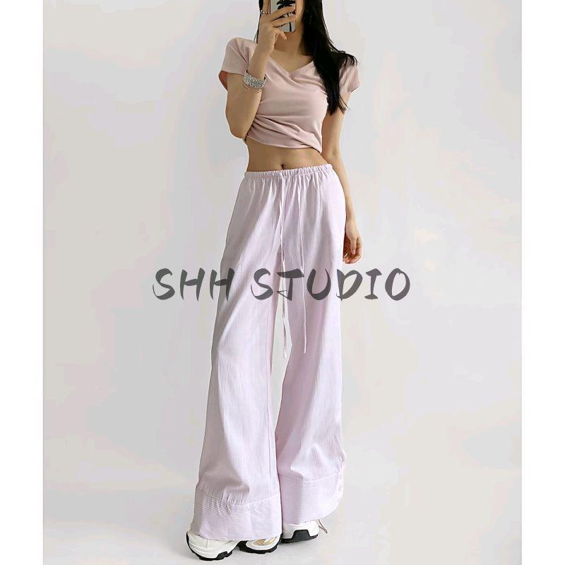 Summer New Product Women's Clothes American Casual Style High Waist Drawstring Decoration Draping Effect Stripes Straight-leg Long Wide-Leg Pants