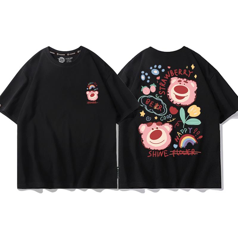 Strawberry Bear Joint TShirt Unisex Loose Fashion Brand Different Pure Cotton Clothes Summer Couples Short Sleeve