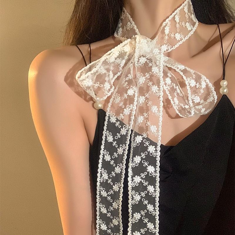 Narrow and Long Silk Scarf Women's Neck Scarf New Summer Decoration Lace Ribbon Belt