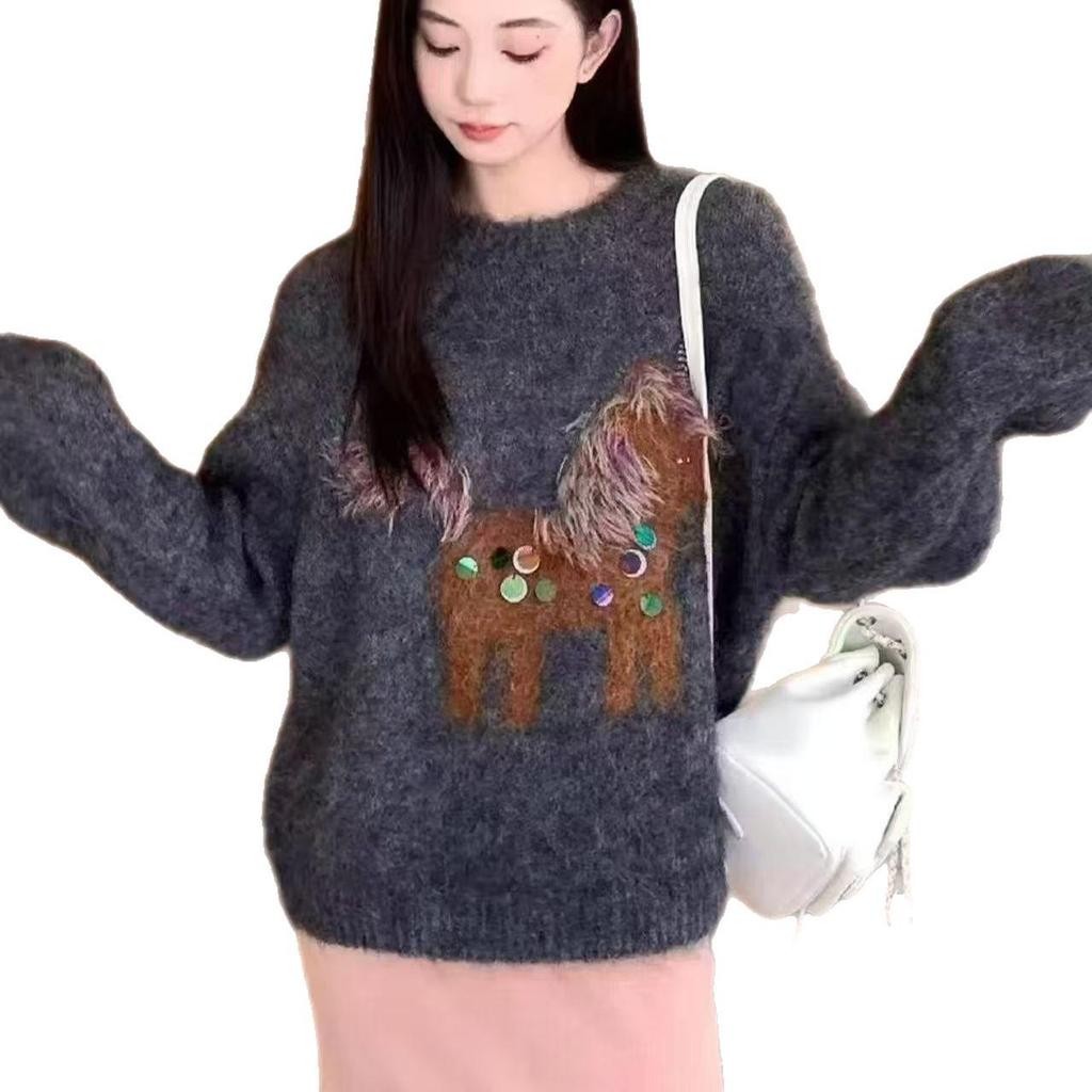 2025 Autumn/Winter Chic Korean Brown Knit Sweater with Little Horse Embroidery – Women's Soft, Loose Fit Top
