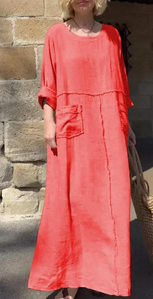 2024 Summer Women's Solid Color Cotton & Linen Dress with Pockets