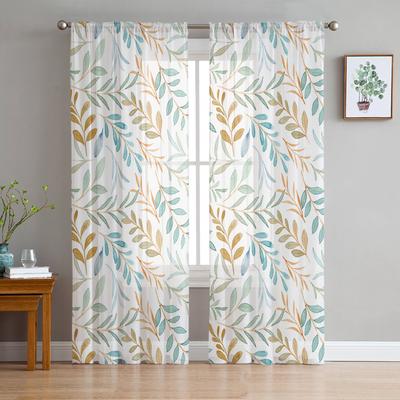 Rideaux de fenêtre en Tulle à feuilles d'aquarelle d'été, pour chambre à coucher, salon intérieur, Voile décoratif, rideaux transparents