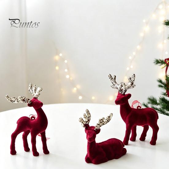 Indoor Christmas Party Supplies Flocking Elk Statue, Red Plush Reindeer Ornament, Cute Seated Window Hanging Display Standing Deer Sculpture for Wine
