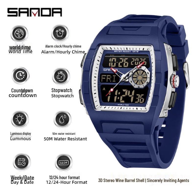 Sanda Men s Sports Barrel-Shaped Luminous Countdown Watch with Triple Time Zone and Dual Display, Waterproof Design.