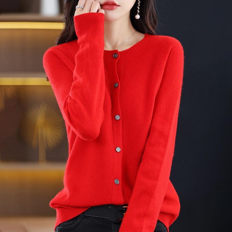 Long Sleeve Merino Woolen Sweaters Cashmere Cardigan Spring Autumn Women O-Neck Knitwear Tops Clothing Fashion Basic Tops