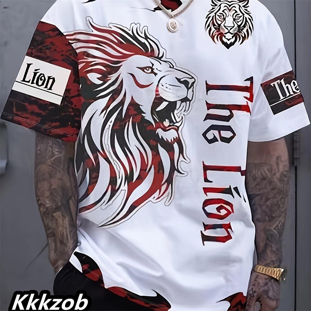 Men's Lion Print Short-sleeve Round Neck T-shirt, Lightweight and Breathable, Trendy and Cool for Casual Outdoor Activities.
