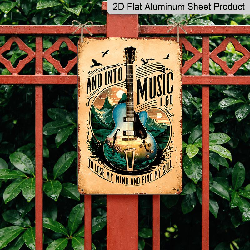 2D Flat 1pc Vintage Guitar & Music Note Metal Wall Art Sign - 12x8 Inch Aluminum Lyric Plaque "Into Music I Go" / "to Lose My Mind & Find My Soul