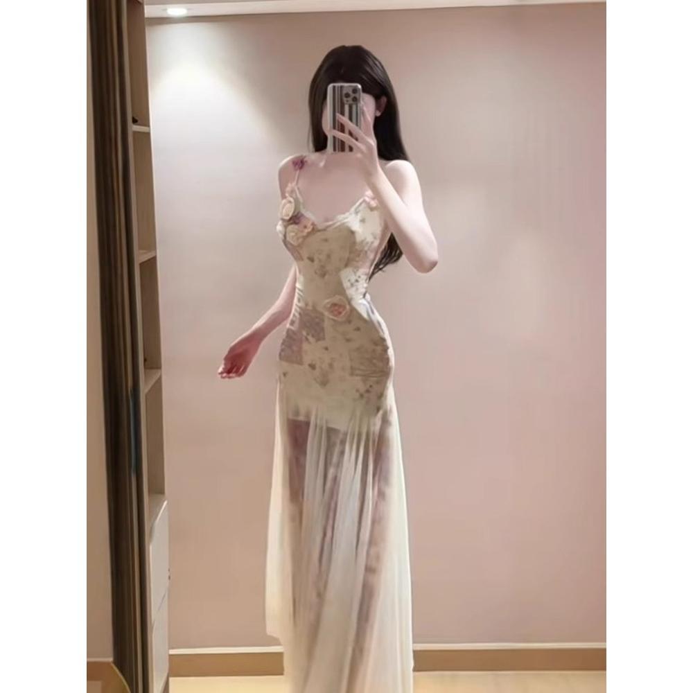 French Beautiful Heavy Industry Three-dimensional Flower Suspender Dress Women's Summer Design Sense Waist Mesh Fishtail Long Skirt