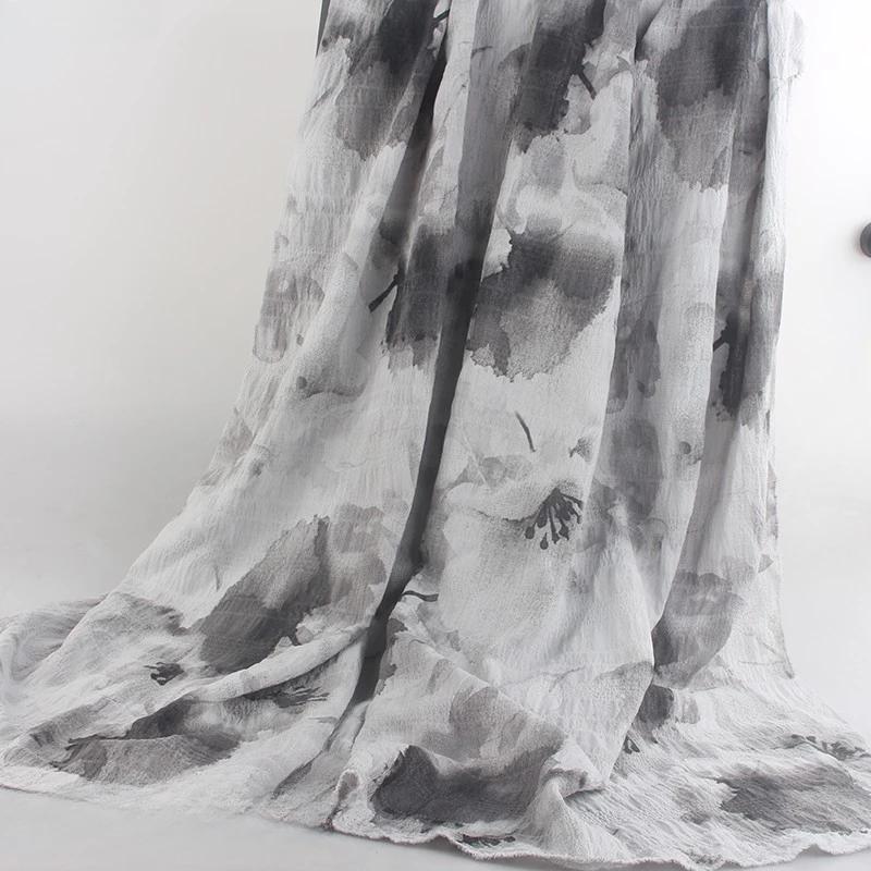 New Ink Print Floral Dress Fabric French Loose Halter Slimming Chinese Style Bubble Skirt Fabric Sewing for Clothes Dresses