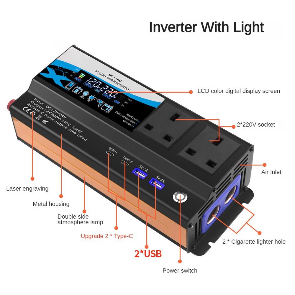 3000W/4000W/6000W Portable LED Display Car Inverter High-power Voltage Converter Household Charging Converter With Lights