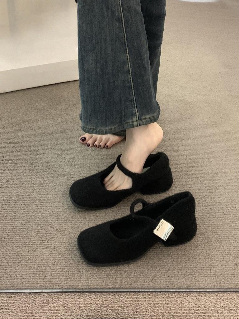 Premium high-heeled brown single shoes women's shoes autumn and winter retro velvet evening commute thick-heeled grandma shoes