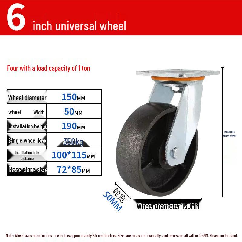 Heavy Duty High-Temp Swivel Caster Wheel, 4-8 Inch, Extra Thick Cast Iron, Industrial Load Bearing