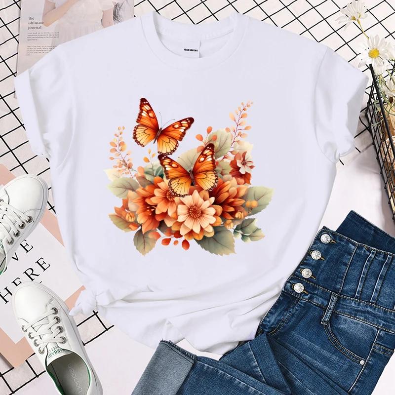 

Hot Fall Flower Butterfly Printed T-Shirts For Women Summer Short Sleeve Tee Shirts Round Neck Casual tops XXXL