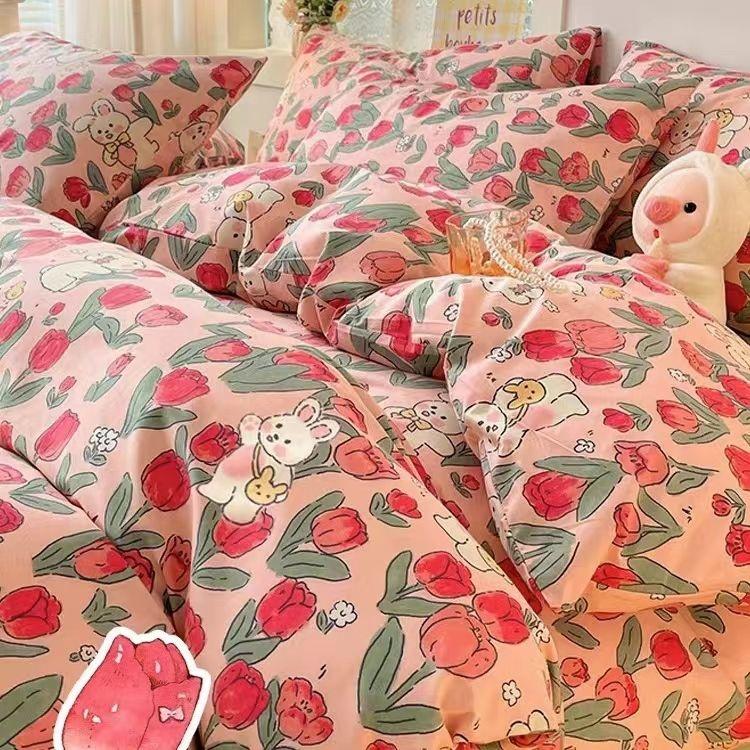 INS Pink Solid Color Bedding Set Girls Boys Single Double Size Flat Sheet Duvet Cover Pillowcase Bed Linens Home Textile