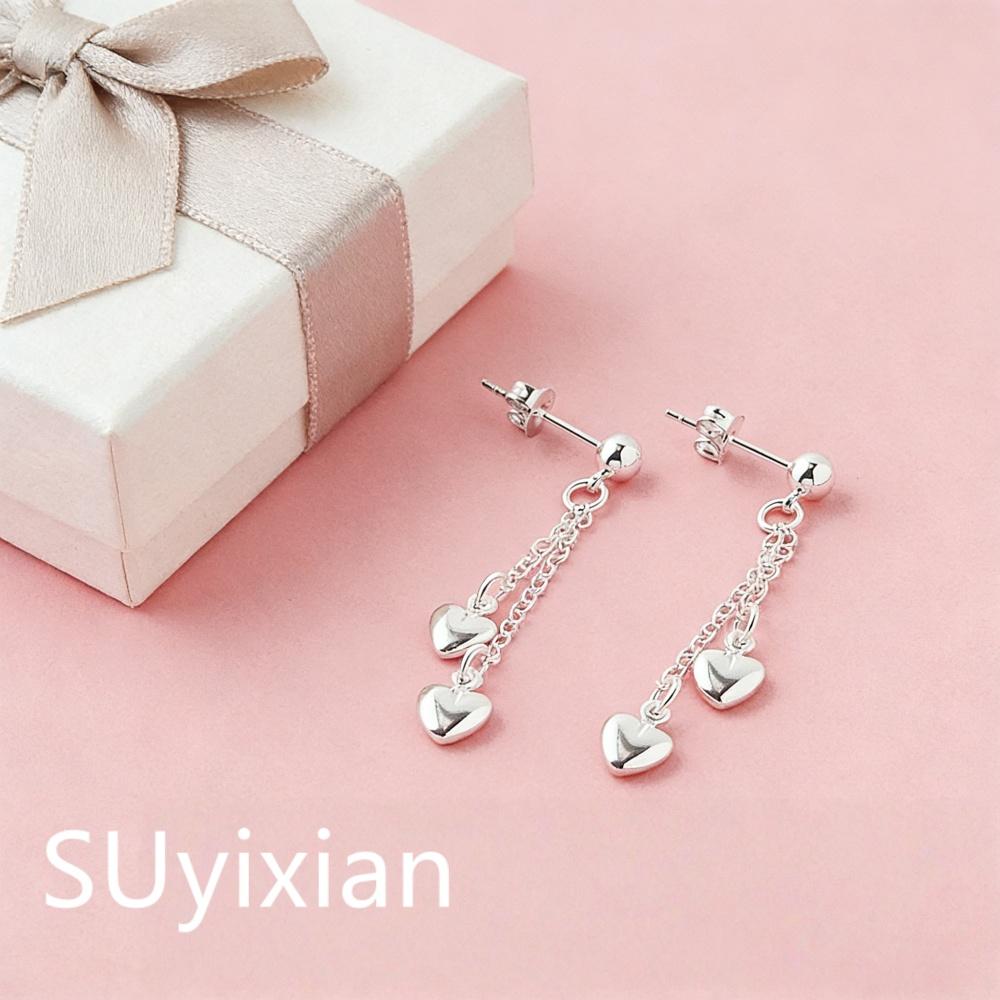 925 Sterling Silver Sweet Daily Long Fringed Hanging Double Heart Earrings Birthday Party Anniversary Gift серебряный