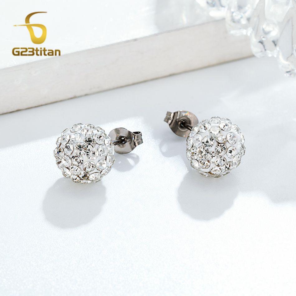 Colors Crystal Bead Polymer Clay Earrings G23 Titanium Ear Stud Micro Pave Rhinestone Disco Ball Hypoallergenic Piercing Zircon