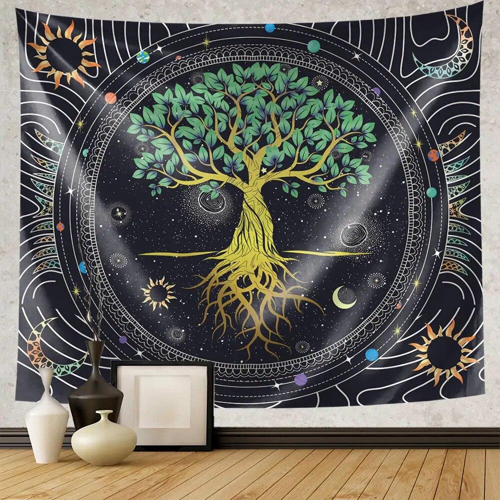 Green Tree of Life Tapestry Hippie Psychedelic Sun and Moon Wall Hanging Witchcraft Aesthetic Home Decoration Background