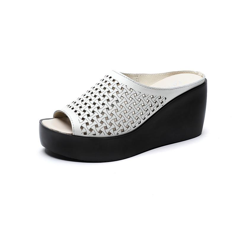 Fashion GKTINOO genuine leather Summer women slippers Open Toe flip flops sandals Women Wedges Slippers black white slides sandals