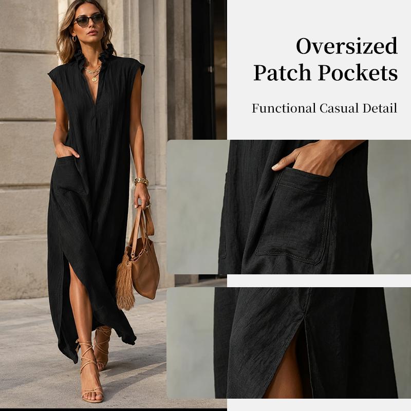 Abbigliamento Donna Estate Stile Europeo Abito Lungo Cotone Senza Maniche Monocolore Vestibilità Larga Scollo a V Casual