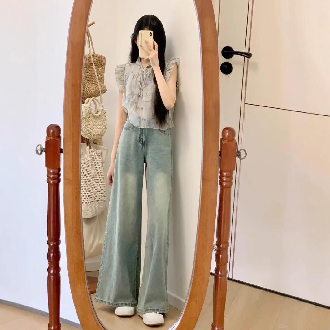 

Women s High-Waisted Wide-Leg Jeans, Petite, Floor-Length, Summer Loose Fit, Slimming Drape L світло-синій колір
