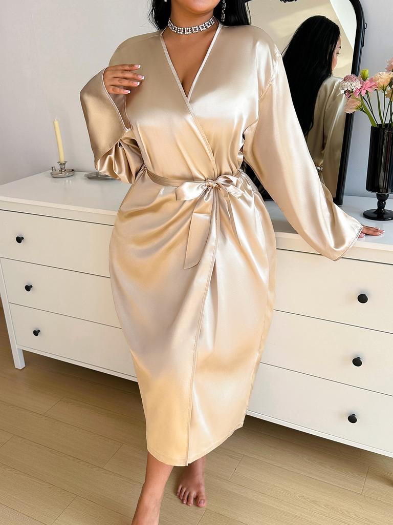 Thin and Elegant, Simple and Casual Mid-length Lace-up Bathrobe for Women, Spring and Summer Ice Silk Pajamas