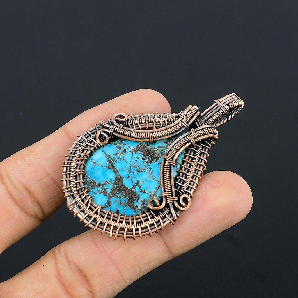 Tibetan Turquoise Pendant, 999 Copper Wire Wrapped Gemstone Jewelry, Handmade Pendant, For Thanksgiving