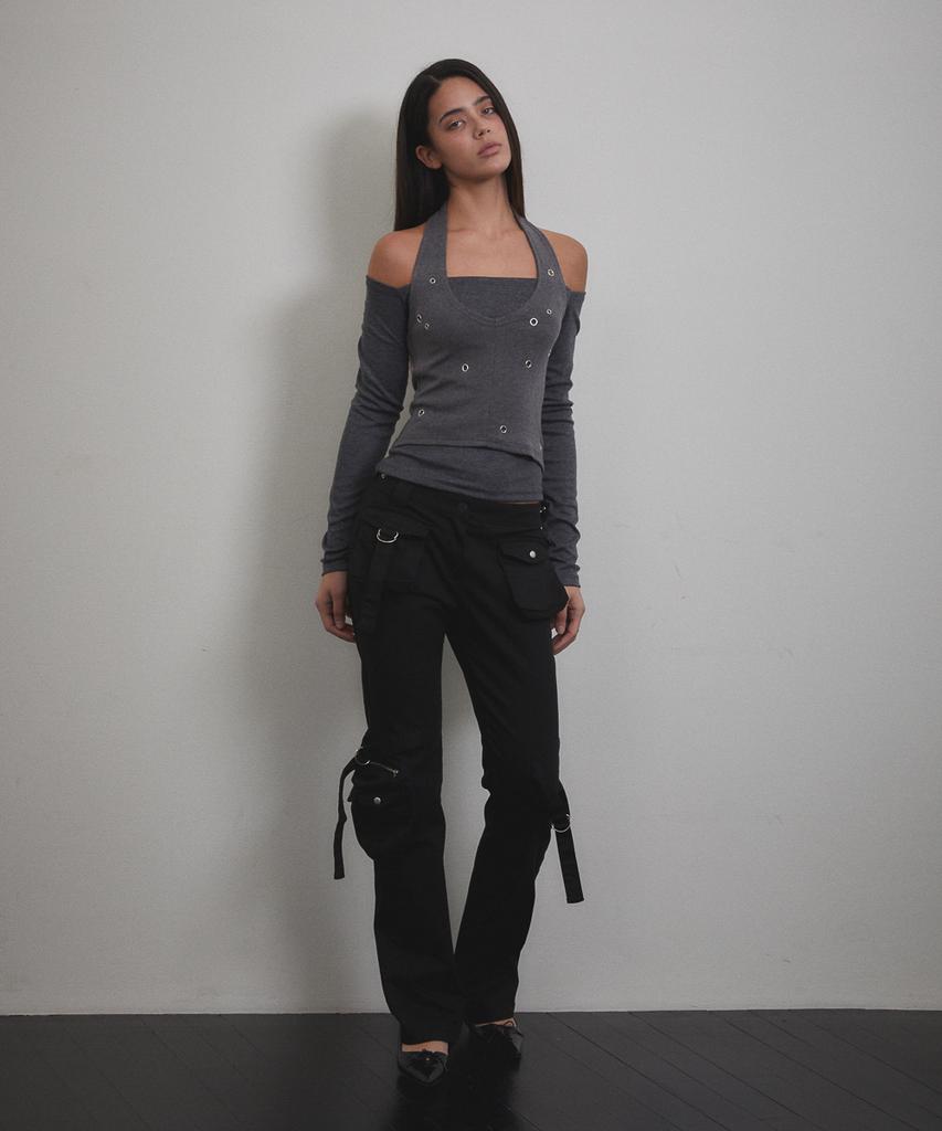 Bunteu Eyelet Halter Long Sleeve (Charcoal)
