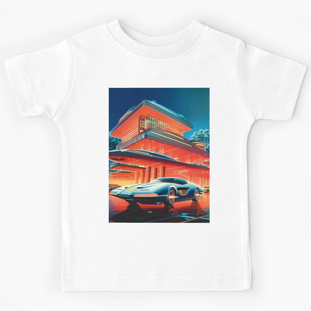 Retrofuturistic car and neon lights, AI art Kids T-Shirt 150