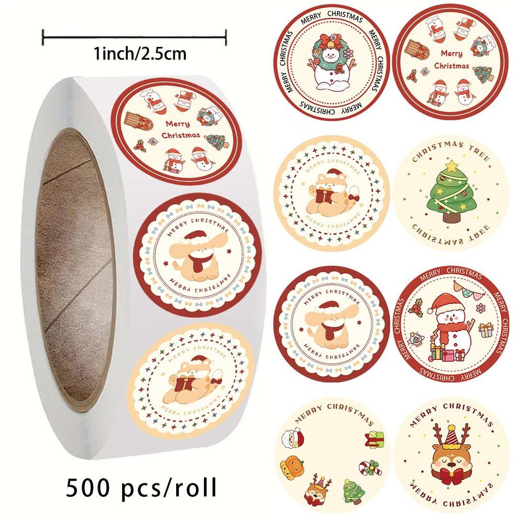 500-Blatt Weihnachts-Stickerrolle: 2,5 cm Abnehmbare Runde Niedliche Feiertagsetiketten
