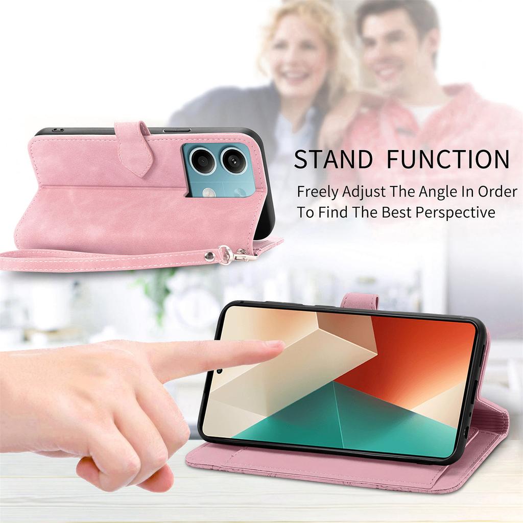 For Xiaomi Redmi Note 13 4G Zipper Wallet Case with Strap Flower Imprint PU Leather Phone Cover