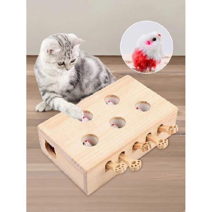 Wooden Whack-A-Mole Cat Toy Cat Puzzle Toy Interactive Cat Toy for Indoor Cats Kitten
